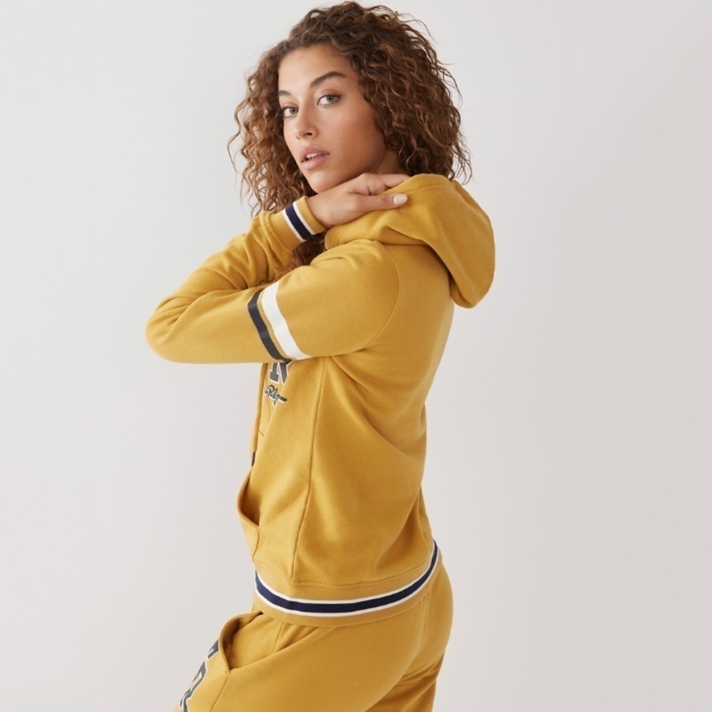 NWT True Religion Collegiate Logo Zip Up Hoodie In Golden Yellow